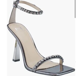 Marc Fisher Karima Metallic Pewter Rhinestone Leather Ankle Strap Sandal